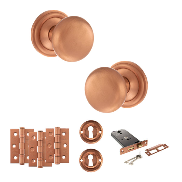 Old English Harrogate Door Knob Pack (Lock Set - Horizontal Sashlock, 3" Fire Rated Hinges x3) by Atlantic Hardware
