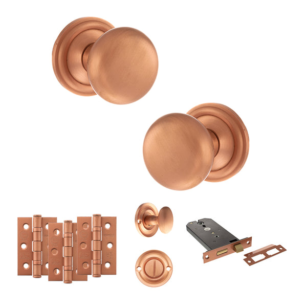 Old English Harrogate Door Knob Pack (Lock Set - Horizontal Bathlock, 3" Fire Rated Hinges x3) by Atlantic Hardware