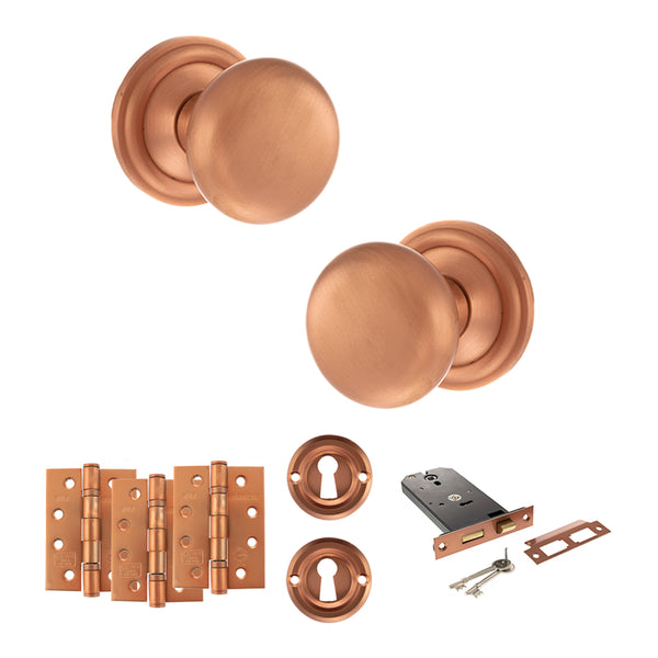 Old English Harrogate Door Knob Pack (Lock Set - Horizontal Sashlock, 4" Fire Rated Hinges x3) by Atlantic Hardware