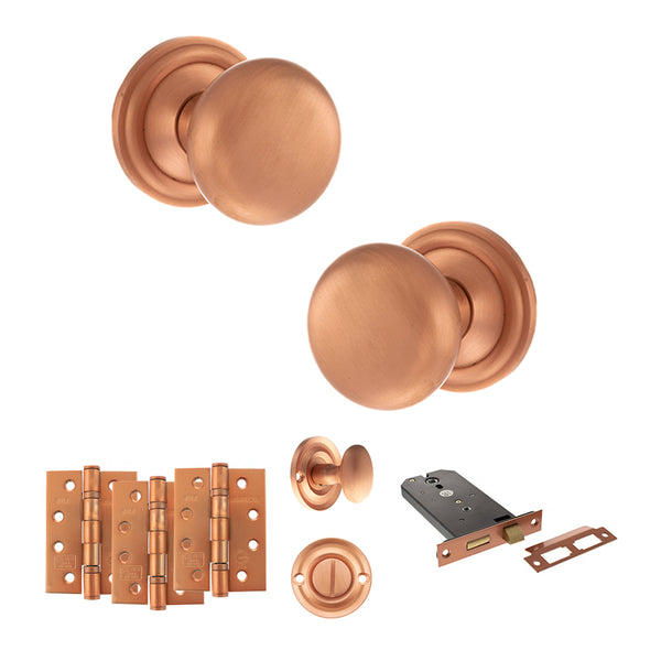 Old English Harrogate Door Knob Pack (Lock Set - Horizontal Bathlock, 4" Fire Rated Hinges x3) by Atlantic Hardware
