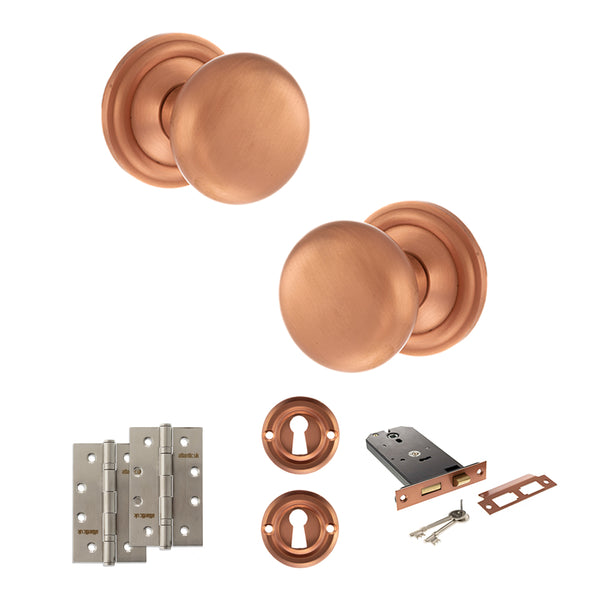 Old English Harrogate Door Knob Pack (Lock Set - Horizontal Sashlock, 4" Slim Knuckle Hinges x2) by Atlantic Hardware