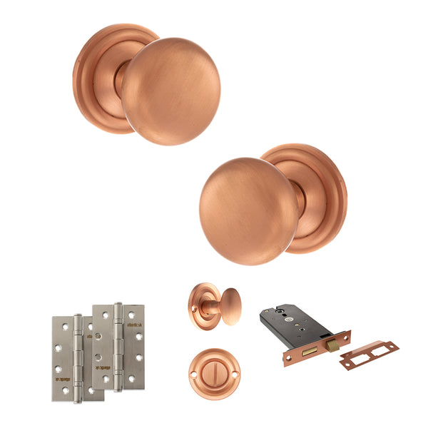 Old English Harrogate Door Knob Pack (Lock Set - Horizontal Bathlock, 4" Slim Knuckle Hinges x2) by Atlantic Hardware