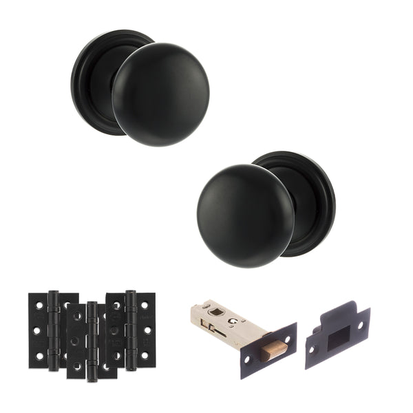 Old English Harrogate Door Knob Pack (Latch Set - 4" HD Latch, 3" Fire Rated Hinges x3) by Atlantic Hardware