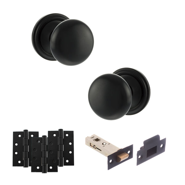 Old English Harrogate Door Knob Pack (Latch Set - 3" HD Latch, 4" Fire Rated Hinges x3) by Atlantic Hardware