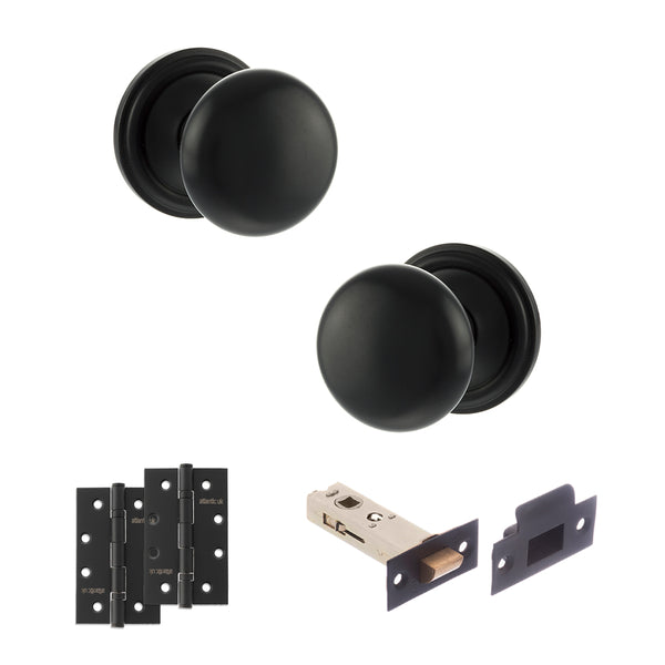 Old English Harrogate Door Knob Pack (Latch Set - 3" HD Latch, 4" Slim Knuckle Hinges x2) by Atlantic Hardware