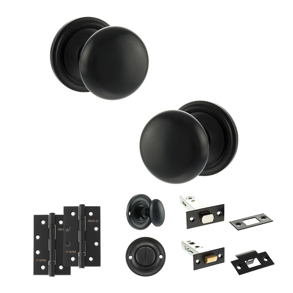 Old English Harrogate Door Knob Pack (Bathroom Set - 3" Deadbolt, 4" Slim Knuckle Hinges x2) by Atlantic Hardware