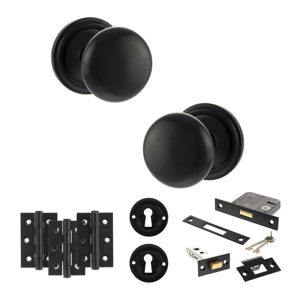 Old English Harrogate Door Knob Pack (Lock Set - 3" Latch & Deadlock, 3" Fire Rated Hinges x3) by Atlantic Hardware