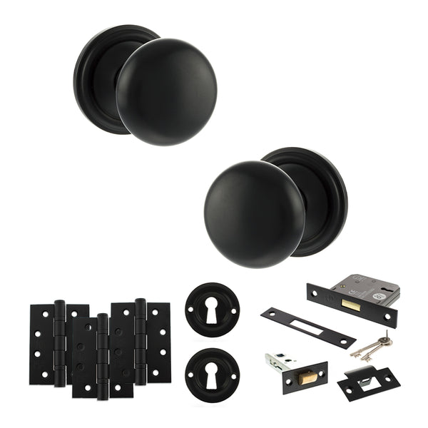 Old English Harrogate Door Knob Pack (Lock Set - 3" Latch & Deadlock, 4" Fire Rated Hinges x3) by Atlantic Hardware