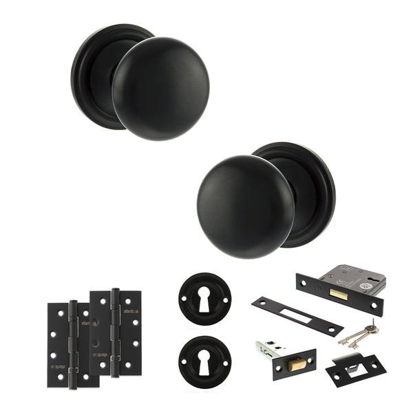 Old English Harrogate Door Knob Pack (Lock Set - 3" Latch & Deadlock, 4" Slim Knuckle Hinges x2) by Atlantic Hardware