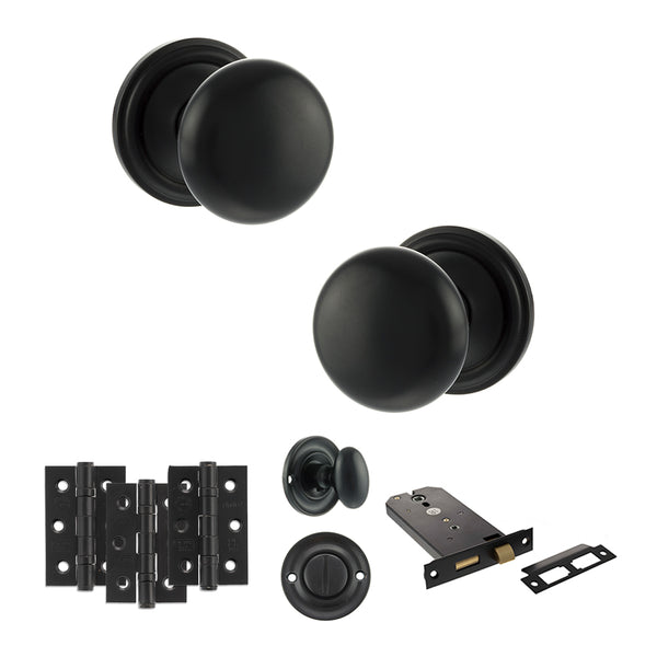 Old English Harrogate Door Knob Pack (Lock Set - Horizontal Bathlock, 3" Fire Rated Hinges x3) by Atlantic Hardware