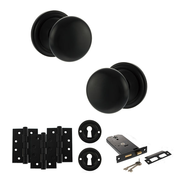 Old English Harrogate Door Knob Pack (Lock Set - Horizontal Sashlock, 4" Fire Rated Hinges x3) by Atlantic Hardware
