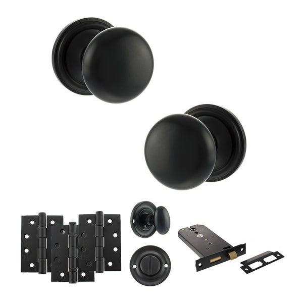 Old English Harrogate Door Knob Pack (Lock Set - Horizontal Bathlock, 4" Fire Rated Hinges x3) by Atlantic Hardware