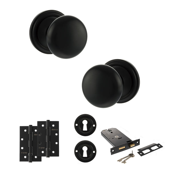 Old English Harrogate Door Knob Pack (Lock Set - Horizontal Sashlock, 4" Slim Knuckle Hinges x2) by Atlantic Hardware