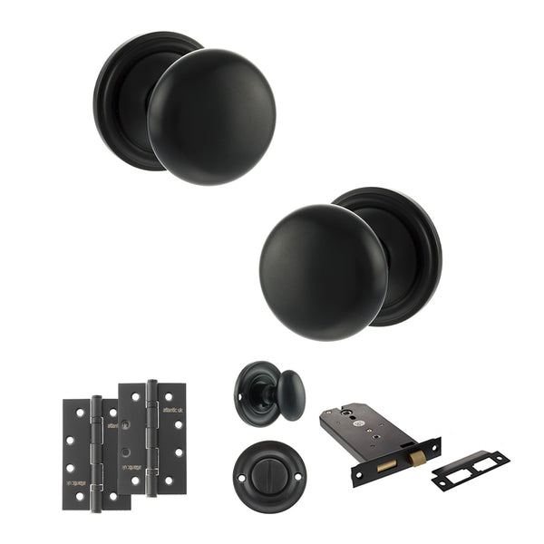 Old English Harrogate Door Knob Pack (Lock Set - Horizontal Bathlock, 4" Slim Knuckle Hinges x2) by Atlantic Hardware