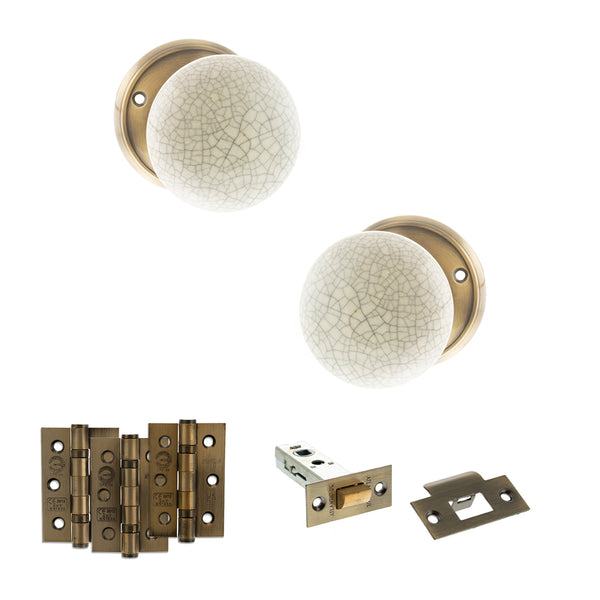 Old English Skipton Door Knob Pack (Latch Set - 3" HD Latch, 3" Fire Rated Hinges x3) by Atlantic Hardware