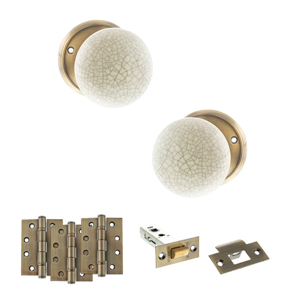 Old English Skipton Door Knob Pack (Latch Set - 3" HD Latch, 4" Fire Rated Hinges x3) by Atlantic Hardware