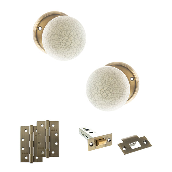Old English Skipton Door Knob Pack (Latch Set - 4" HD Latch, 4" Slim Knuckle Hinges x2) by Atlantic Hardware