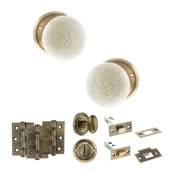 Old English Skipton Door Knob Pack (Bathroom Set - 4" Deadbolt, 3" Fire Rated Hinges x3) by Atlantic Hardware