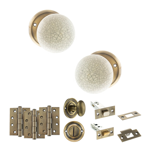 Old English Skipton Door Knob Pack (Bathroom Set - 4" Deadbolt, 4" Fire Rated Hinges x3) by Atlantic Hardware