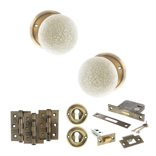 Old English Skipton Door Knob Pack (Lock Set - 3" Latch & Deadlock, 3" Fire Rated Hinges x3) by Atlantic Hardware