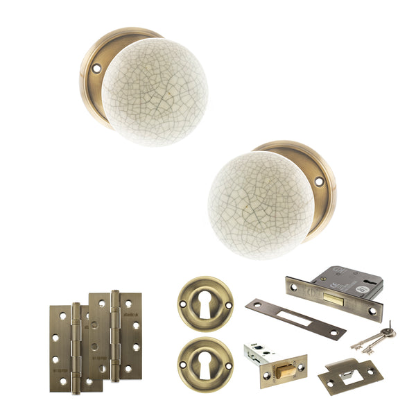 Old English Skipton Door Knob Pack (Lock Set - 3" Latch & Deadlock, 4" Slim Knuckle Hinges x2) by Atlantic Hardware