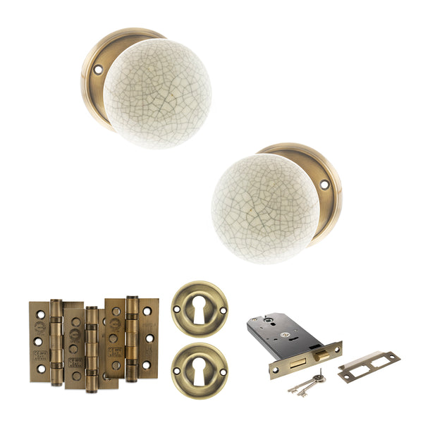Old English Skipton Door Knob Pack (Lock Set - Horizontal Sashlock, 3" Fire Rated Hinges x3) by Atlantic Hardware