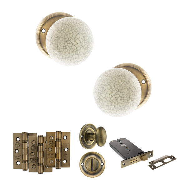 Old English Skipton Door Knob Pack (Lock Set - Horizontal Bathlock, 3" Fire Rated Hinges x3) by Atlantic Hardware
