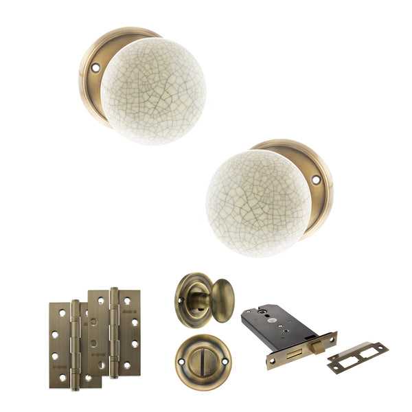 Old English Skipton Door Knob Pack (Lock Set - Horizontal Bathlock, 4" Slim Knuckle Hinges x2) by Atlantic Hardware