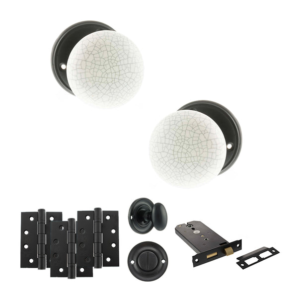 Old English Skipton Door Knob Pack (Lock Set - Horizontal Bathlock, 4" Fire Rated Hinges x3) by Atlantic Hardware