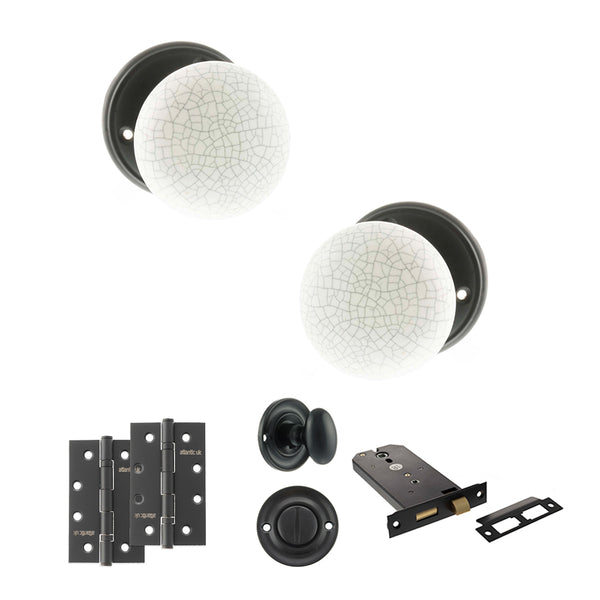 Old English Skipton Door Knob Pack (Lock Set - Horizontal Bathlock, 4" Slim Knuckle Hinges x2) by Atlantic Hardware