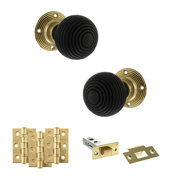 Old English Whitby Door Knob Pack (Latch Set - 4" HD Latch, 3" Fire Rated Hinges x3) by Atlantic Hardware