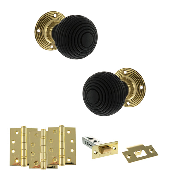 Old English Whitby Door Knob Pack (Latch Set - 4" HD Latch, 4" Fire Rated Hinges x3) by Atlantic Hardware