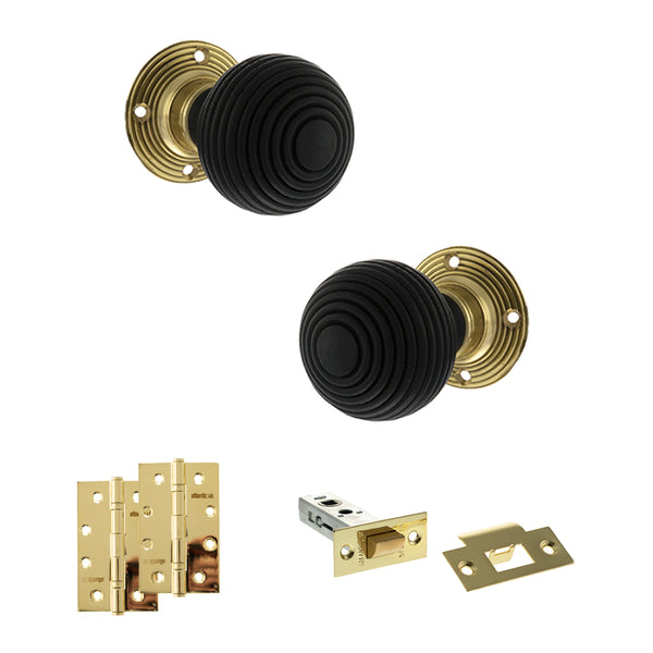 Old English Whitby Door Knob Pack (Latch Set - 4" HD Latch, 4" Slim Knuckle Hinges x2) by Atlantic Hardware