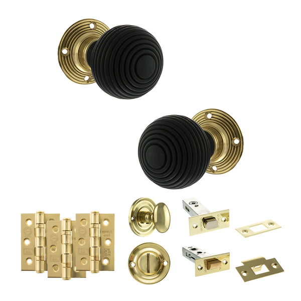 Old English Whitby Door Knob Pack (Bathroom Set - 4" Deadbolt, 3" Fire Rated Hinges x3) by Atlantic Hardware