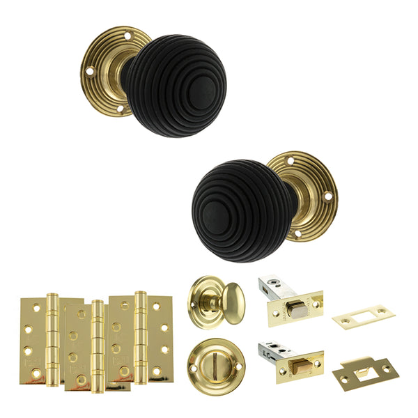 Old English Whitby Door Knob Pack (Bathroom Set - 3" Deadbolt, 4" Fire Rated Hinges x3) by Atlantic Hardware