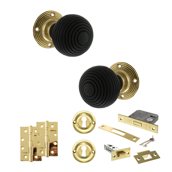 Old English Whitby Door Knob Pack (Lock Set - 3" Latch & Deadlock, 4" Slim Knuckle Hinges x2) by Atlantic Hardware