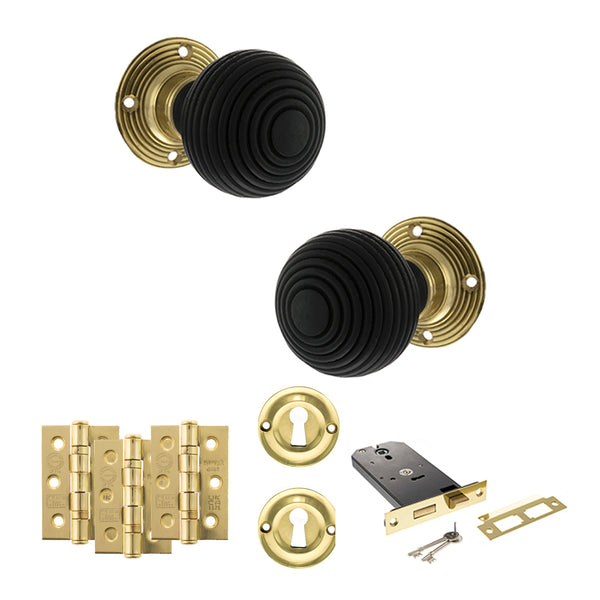 Old English Whitby Door Knob Pack (Lock Set - Horizontal Sashlock, 3" Fire Rated Hinges x3) by Atlantic Hardware