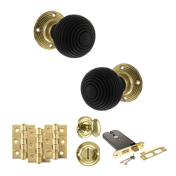 Old English Whitby Door Knob Pack (Lock Set - Horizontal Bathlock, 3" Fire Rated Hinges x3) by Atlantic Hardware