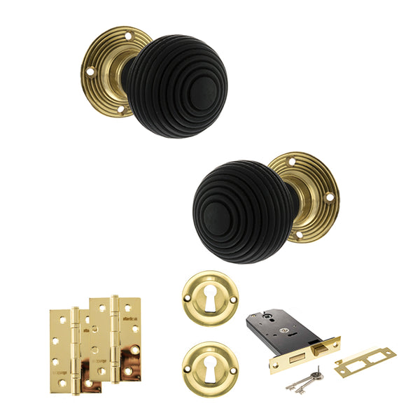 Old English Whitby Door Knob Pack (Lock Set - Horizontal Sashlock, 4" Slim Knuckle Hinges x2) by Atlantic Hardware