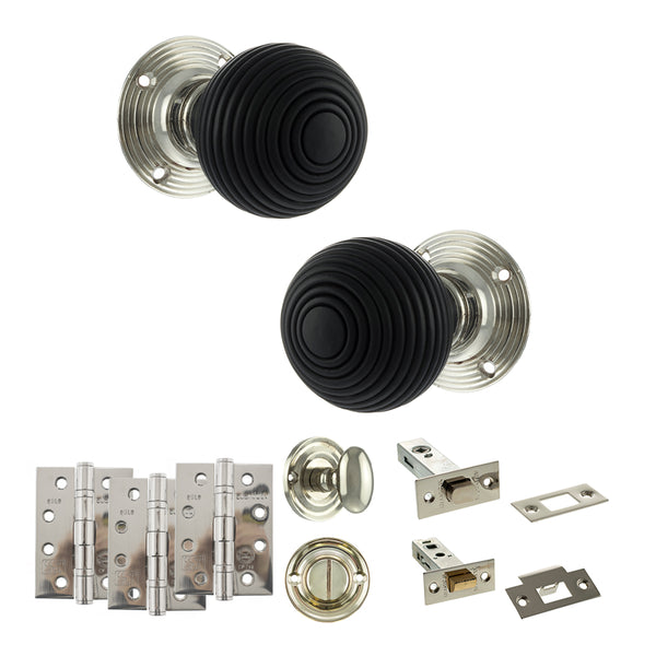 Old English Whitby Door Knob Pack (Bathroom Set - 4" Deadbolt, 4" Fire Rated Hinges x3) by Atlantic Hardware