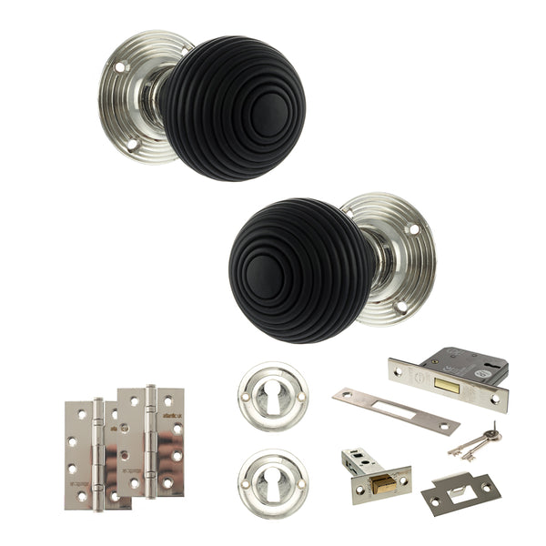 Old English Whitby Door Knob Pack (Lock Set - 3" Latch & Deadlock, 4" Slim Knuckle Hinges x2) by Atlantic Hardware