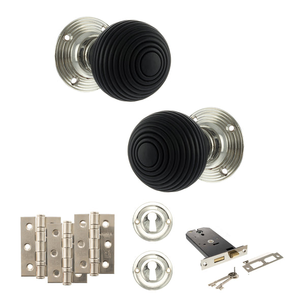 Old English Whitby Door Knob Pack (Lock Set - Horizontal Sashlock, 3" Fire Rated Hinges x3) by Atlantic Hardware