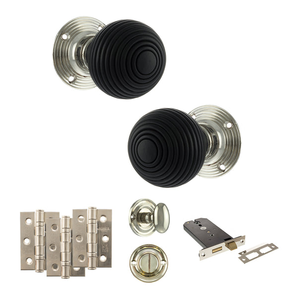 Old English Whitby Door Knob Pack (Lock Set - Horizontal Bathlock, 3" Fire Rated Hinges x3) by Atlantic Hardware