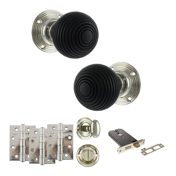 Old English Whitby Door Knob Pack (Lock Set - Horizontal Bathlock, 4" Fire Rated Hinges x3) by Atlantic Hardware