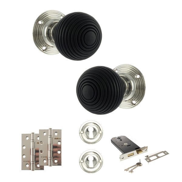 Old English Whitby Door Knob Pack (Lock Set - Horizontal Sashlock, 4" Slim Knuckle Hinges x2) by Atlantic Hardware