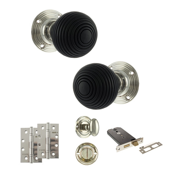 Old English Whitby Door Knob Pack (Lock Set - Horizontal Bathlock, 4" Slim Knuckle Hinges x2) by Atlantic Hardware