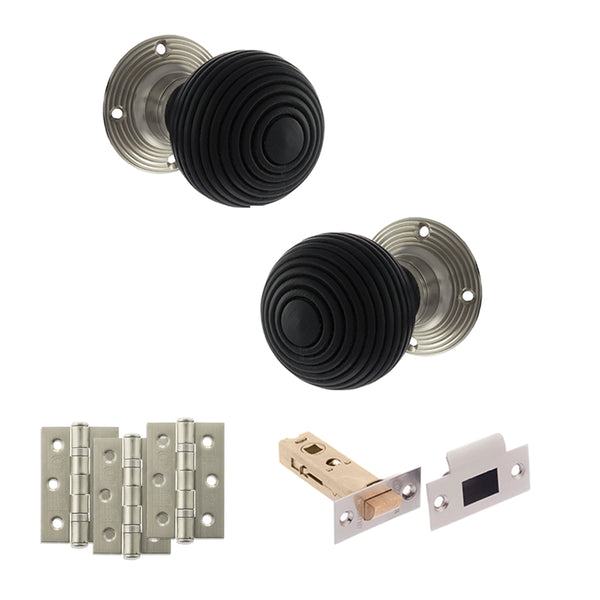 Old English Whitby Door Knob Pack (Latch Set - 4" HD Latch, 3" Fire Rated Hinges x3) by Atlantic Hardware