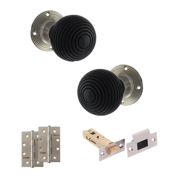 Old English Whitby Door Knob Pack (Latch Set - 4" HD Latch, 4" Slim Knuckle Hinges x2) by Atlantic Hardware