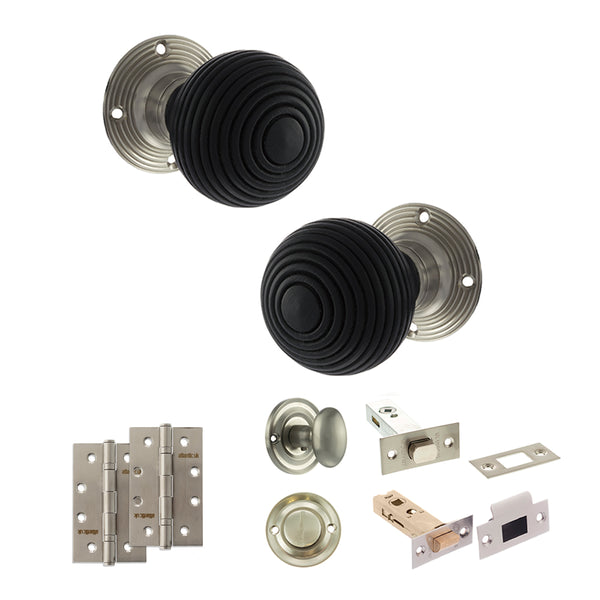 Old English Whitby Door Knob Pack (Bathroom Set - 4" Deadbolt, 4" Slim Knuckle Hinges x2) by Atlantic Hardware
