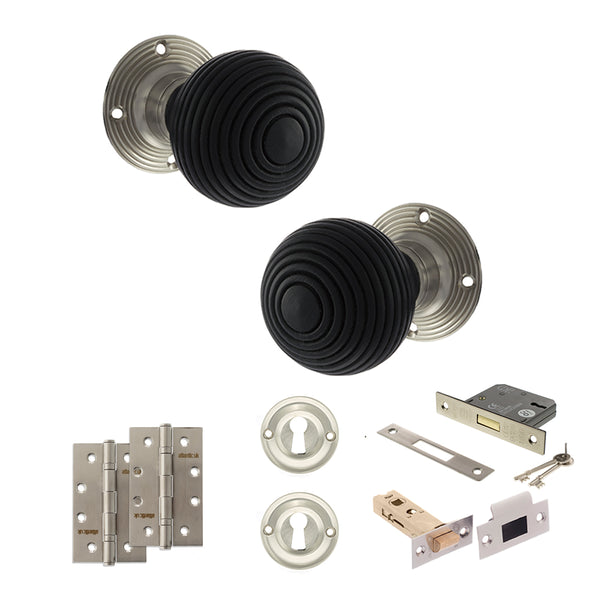 Old English Whitby Door Knob Pack (Lock Set - 3" Latch & Deadlock, 4" Slim Knuckle Hinges x2) by Atlantic Hardware